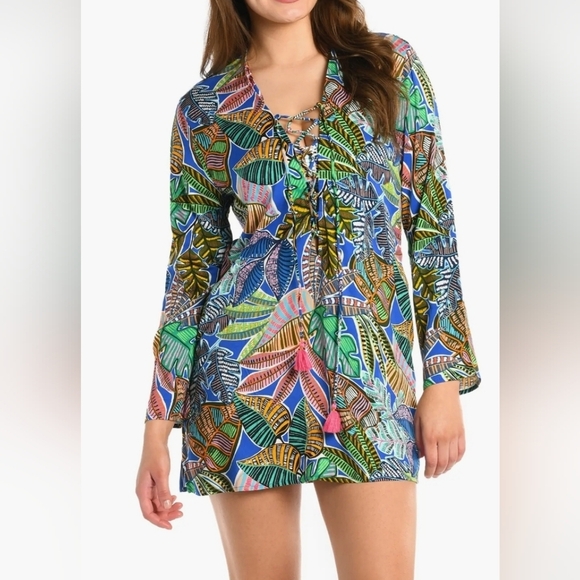 LA BLANCA Neon V-Neck Long Sleeve Cover-Up Tunic - Picture 1 of 6